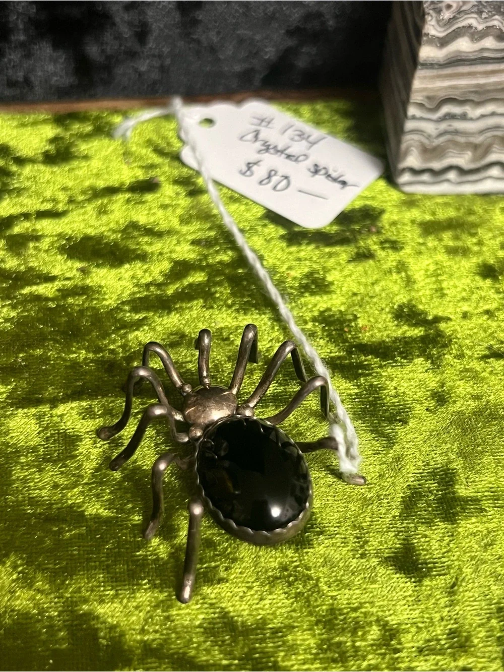 Vintage Black Spider Pin Brooch with Black Onyx